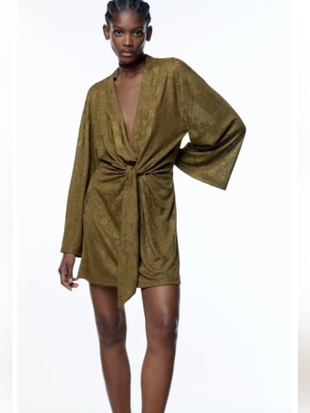 Zara Knotted Floral Jacquard V-Neck Kimono Sleeves Mini Dress